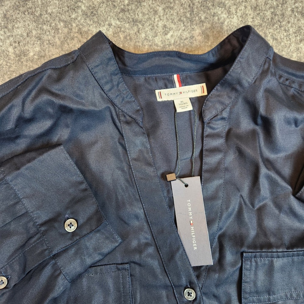 NWT Tommy Hilfiger Utility Shirt Women‎ XL Blue Lyocell Roll Tab Blouse Midnight - Picture 2 of 14